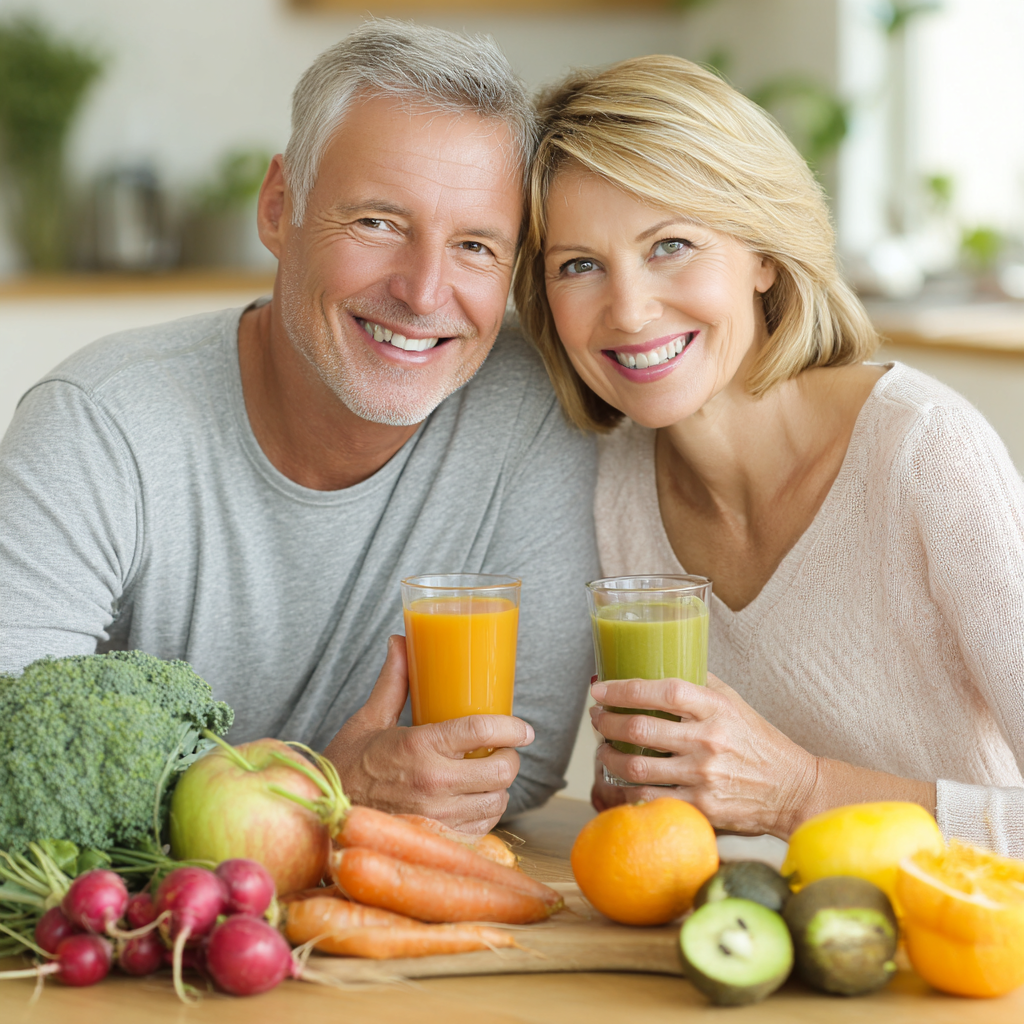 Middle-aged adults enjoying healthy lifestyle with natural foods and radiant skin
