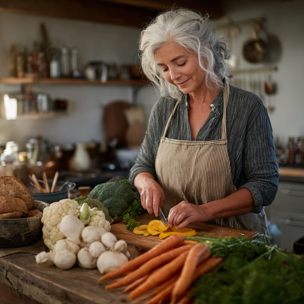 Middle-aged woman preparing organic vegetables in natural kitchen setting